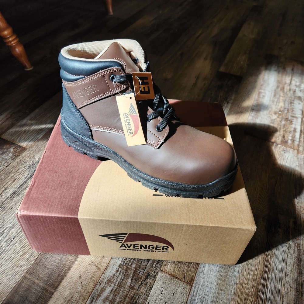 Avenger Mens Brown Leather Steel Toe Work Boots 8.5W EH Rated Slip Resistant NEW